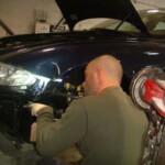 Before and after photographs of a damaged, blue, Maserati that was repaired by Elite Paint & Body Shop in West Palm Beach, FL.